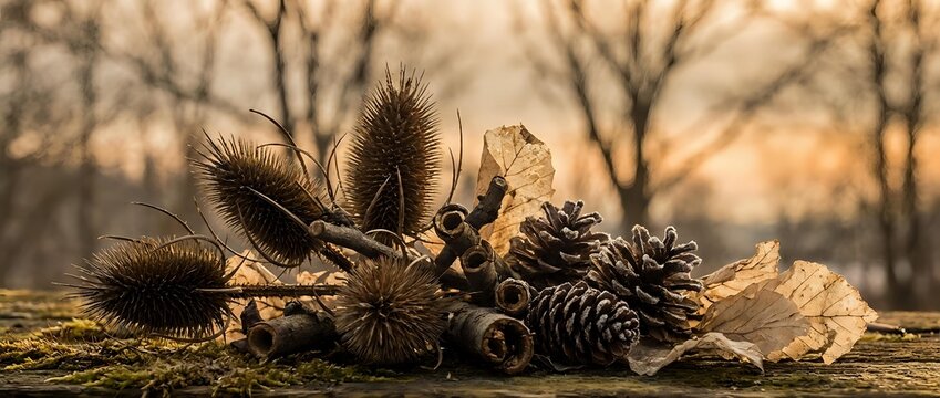 Autumn forest floor arrangement with pine cones, chestnuts, acorns and dried leaves in warm golden sunlight creating natural seasonal decoration display.