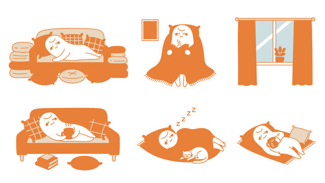 Cute Cartoon Character Sleeping and Relaxing in Various Poses.