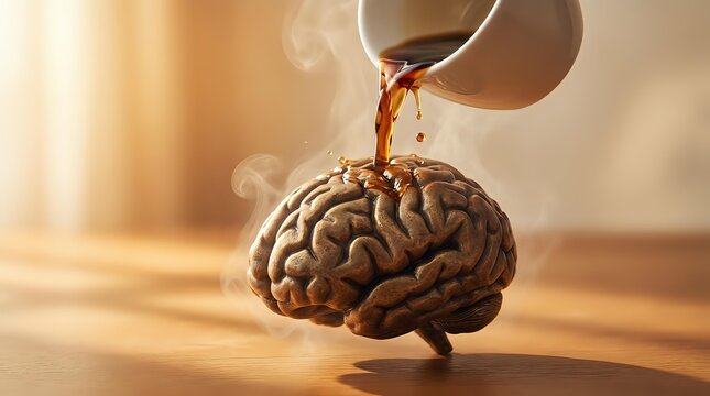 Coffee being poured onto human brain model representing caffeine effects on mental alertness and cognitive function for health and wellness concepts.