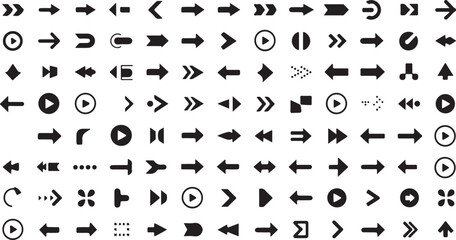 Extensive Collection of Black Navigation Arrow Icons and Directional Symbols for Interfaces