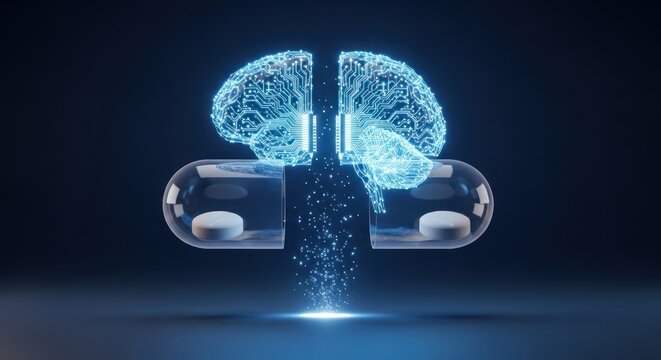 Glowing circuit brain emerges from open capsule with pills