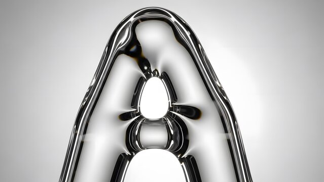 Abstract liquid metal letter a macro detail 3d render chrome reflecting surface close up artistic shiny silver font design on bright white background