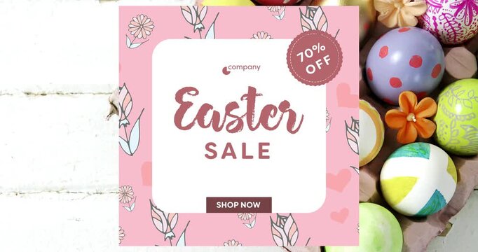 Card remaining static, eggs sliding in top-right, revealing 70% OFF and SHOP NOW for Easter sale