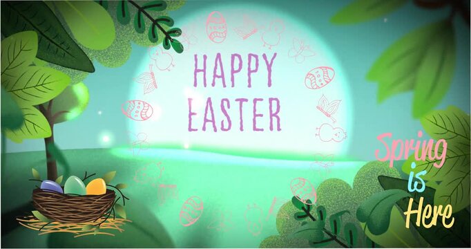 Glow growing, revealing HAPPY EASTER text, sparks drifting, doodles moving around nest for greeting