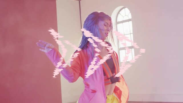 Nonbinary dancer starting pose, sweeping arm, kicking while glitch chevrons overlaying tech demo