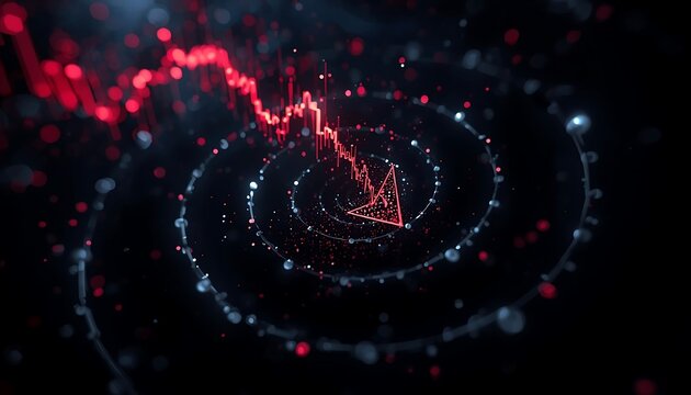 A glowing red financial graph shows a sharp downward trend, spiraling into an abstract digital vortex of data.