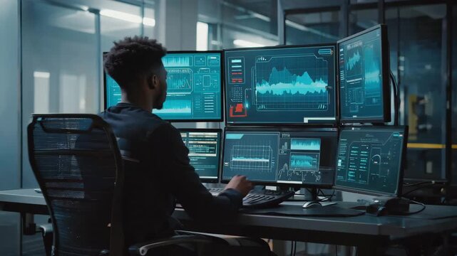 Metrics update across multiple screens while operator reviews systems and clicks through different views