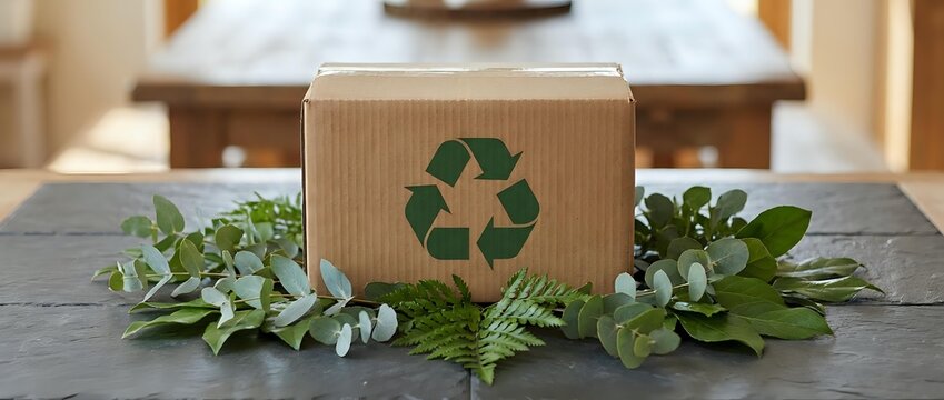 Eco-friendly cardboard shipping box with recycling symbol surrounded by fresh green leaves on wooden table for sustainable packaging and delivery.