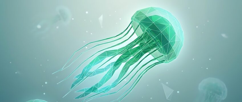 Translucent green jellyfish floating gracefully through deep ocean waters with glowing bioluminescent tentacles and ethereal underwater lighting effects.