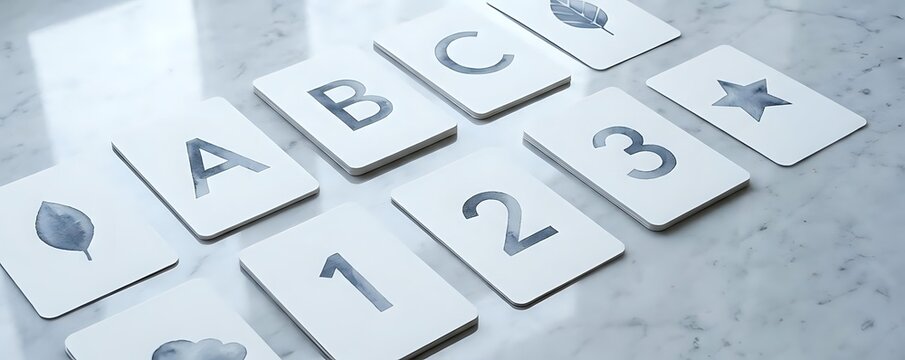 Educational flashcards with letters, numbers and nature symbols arranged on marble surface for early childhood learning and development activities.
