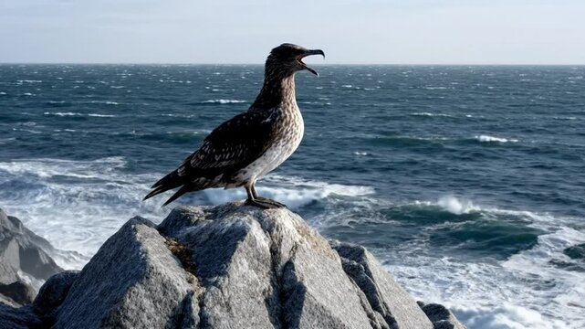 Coastal seabird perched atop a rocky cliff by a wavy ocean on a windy day, squawking loudly