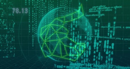 Fototapeta premium Glowing neon sphere rotating in virtual data space, with dotted mesh, nodes, orbit ring, code