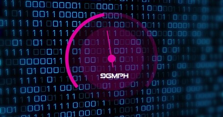 Displaying magenta circular gauge with needle and node over glowing binary digits, showing 96MPH