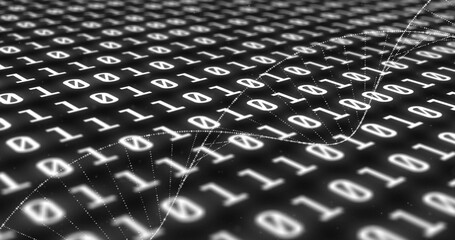 Glowing binary grid with 1s,0s receding on dark plane, tracing helix strands, high-contrast bokeh