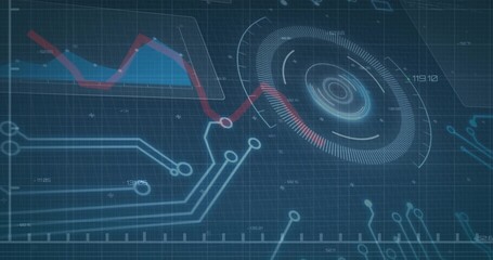 Displaying central dashboard on blue grid, featuring circular HUD, red line graph, circuit traces