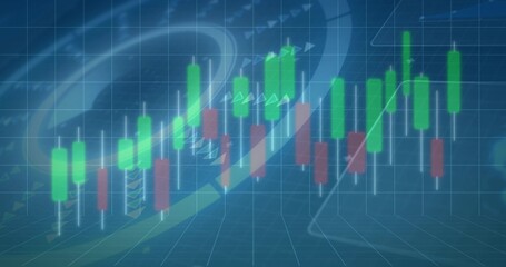 Displaying centered green red candlesticks moving on virtual trading grid, with wicks, arrows