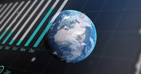 Fototapeta premium Displaying detailed 3D Earth globe rotating in virtual dashboard, showing teal bar chart