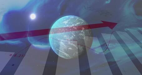 Fototapeta premium Displaying textured blue-green planet intersecting red arrow in space, with bars and data curve