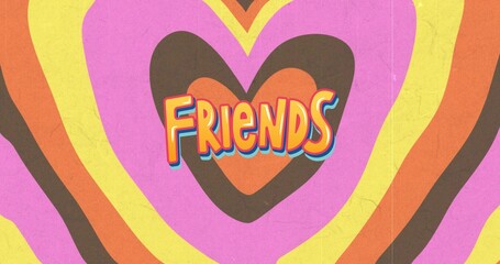 Displaying central heart motif radiating retro bands on poster, showing FRIENDS text and scuffs