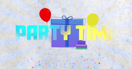 Showing PARTY TIME text with gift-box with bow at center, left red balloon, right yellow balloon