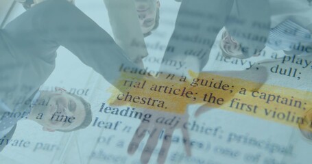 Leaning five colleagues working in office, highlighting leader on printed page, suits, eyeglasses