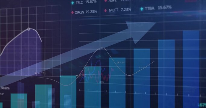 Displaying financial chart tracing rising blue bars and line graphs on screen, arrow showing gains