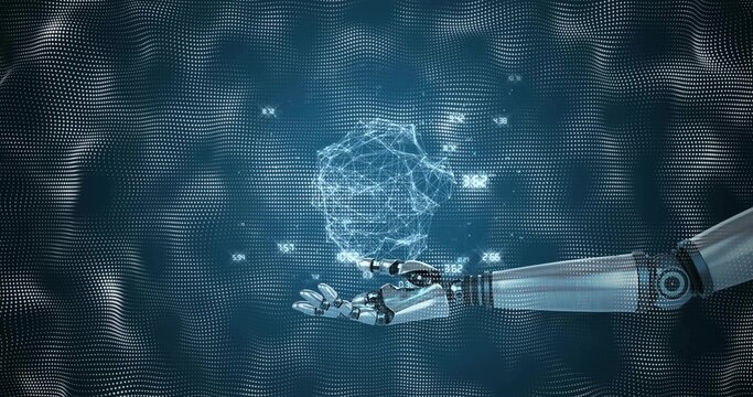 Presenting robotic arm exposed joints holding hologram wire sphere over dotted grid showing data