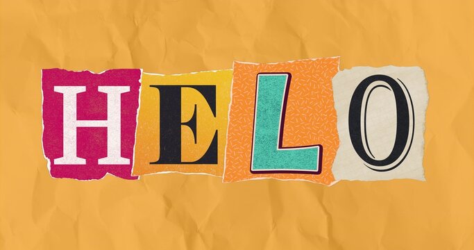 Displaying typographic collage with four torn paper tiles spelling HELO on mustard backdrop