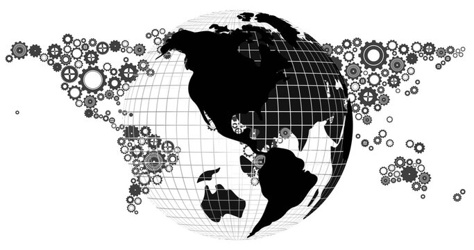 Linking globe grid lines to clustered mechanical gears on white canvas, Americas, Australia showing
