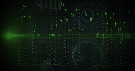 Displaying central digital HUD streaming over virtual interface, showing neon binary digits