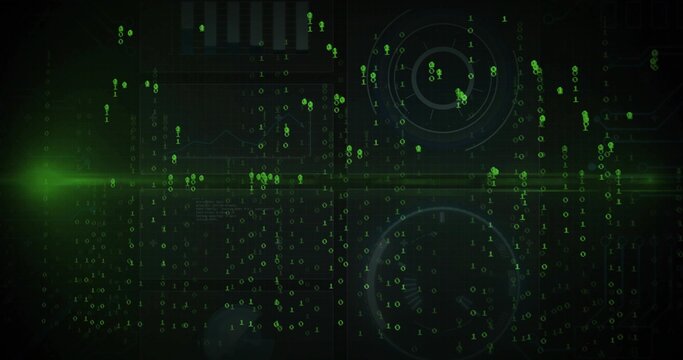 Displaying central digital HUD streaming over virtual interface, showing neon binary digits