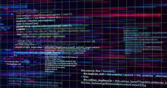 Displaying glitched neon grid and readable code on digital display, with magenta scanline bands