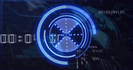 Showing central blue HUD pulsing in digital console, displaying rings, radial X, grid, timestamps