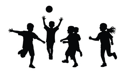 Silhouettes of energetic children playing outdoors together with a large round ball