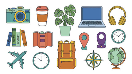 Collection of travel and leisure themed items for a journey. © Dika