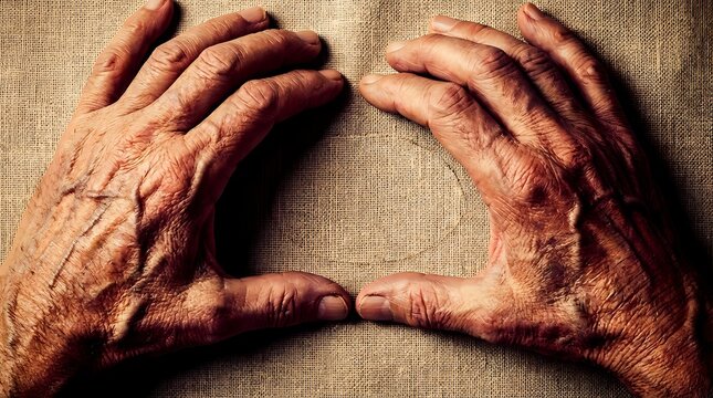Elderly hands forming protective circle gesture on textured burlap background symbolizing care, security and guardianship in warm natural lighting.
