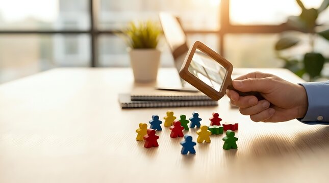 Business professional examining colorful wooden people figures with magnifying glass on office desk for human resources recruitment and team selection.