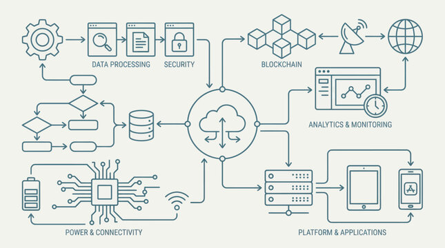 Complex Technology Flowchart Illustrating Data Processing and Connectivity.