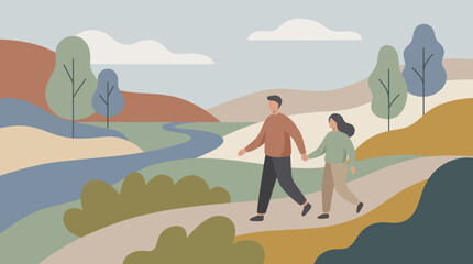 Couple holding hands walking on a path. © Dika