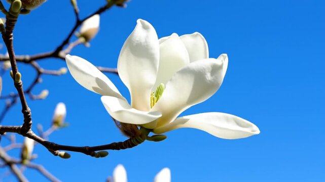 Beautiful white magnolia flower blossoming on a tree branch against a bright blue sky on a sunny day