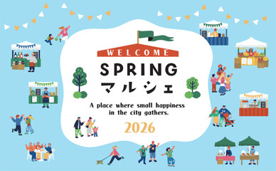 Fototapeta premium マルシェイベント風景 人々で賑わう屋外マーケットのバナー