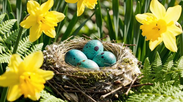 Bird's nest with four vibrant blue robin's eggs, speckled and nestled among bright yellow daffodils and lush green ferns. Ideal for spring, Easter, new life, growth, nature documentaries,