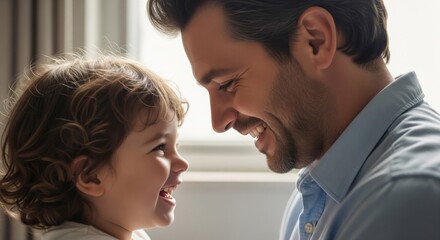 Naklejka premium Smiling Father and Daughter Looking Face to Face in Home Light