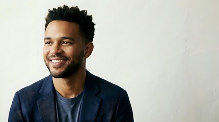 Obraz premium Happy young African American businessman in navy suit smiling confidently against neutral background for corporate marketing and professional headshot use.