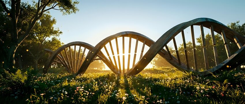 DNA double helix structure in natural outdoor setting with golden sunlight filtering through trees and wildflowers creating scientific concept art.