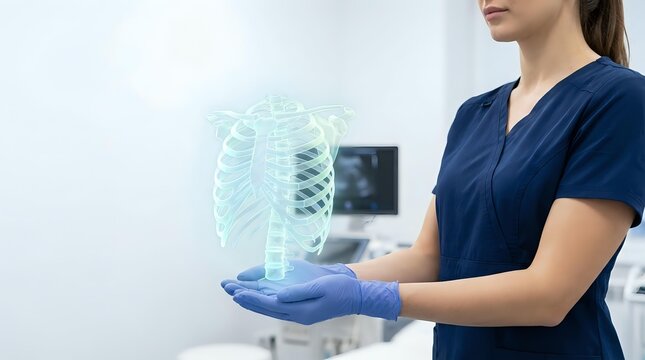 Female healthcare professional in blue scrubs holding holographic ribcage anatomy model in modern medical facility for educational training purposes.