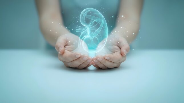 Female hands cupping glowing holographic fetus embryo with digital particles for medical healthcare pregnancy technology concepts.