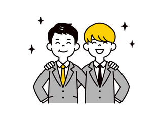 Fototapeta premium 肩を組んで団結・協力する、若い同僚・会社員・サラリーマンの上半身ベクターイラスト素材