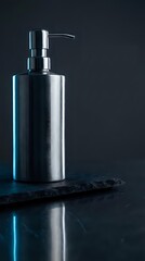 Obraz premium Stainless steel soap dispenser on dark marble surface with dramatic lighting and reflection for modern bathroom design and luxury home decor.