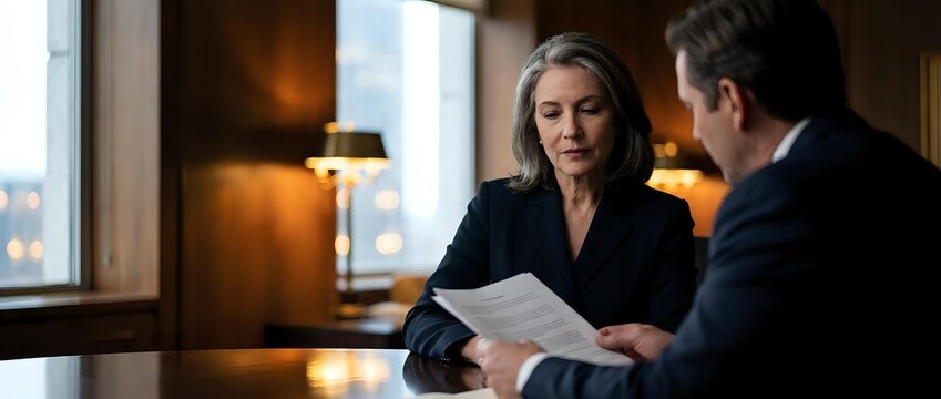 Professional businesswoman and businessman discussing documents in modern office meeting room with warm lighting and city view.